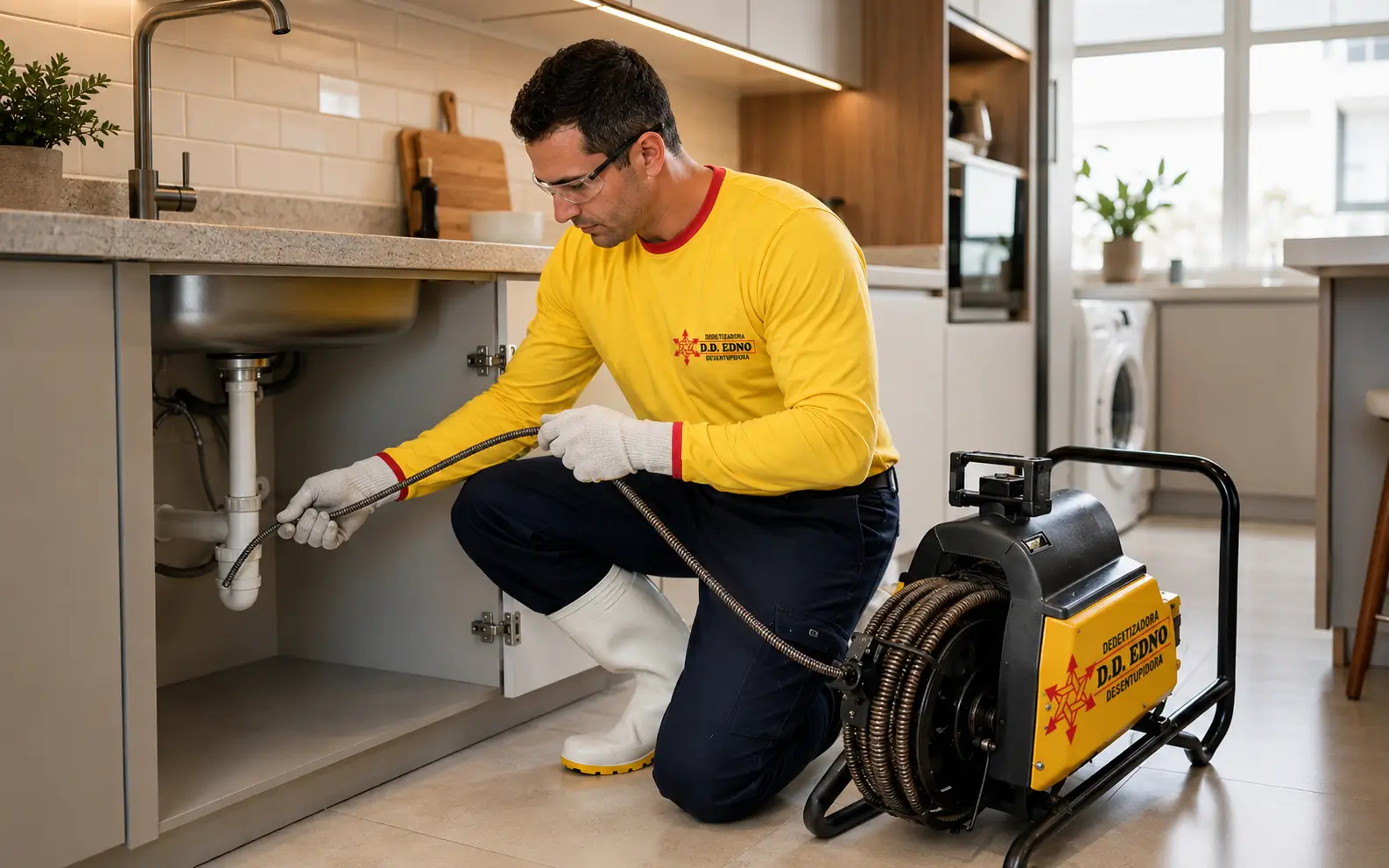 Técnico da D.D. Edno realizando desentupimento residencial em pia